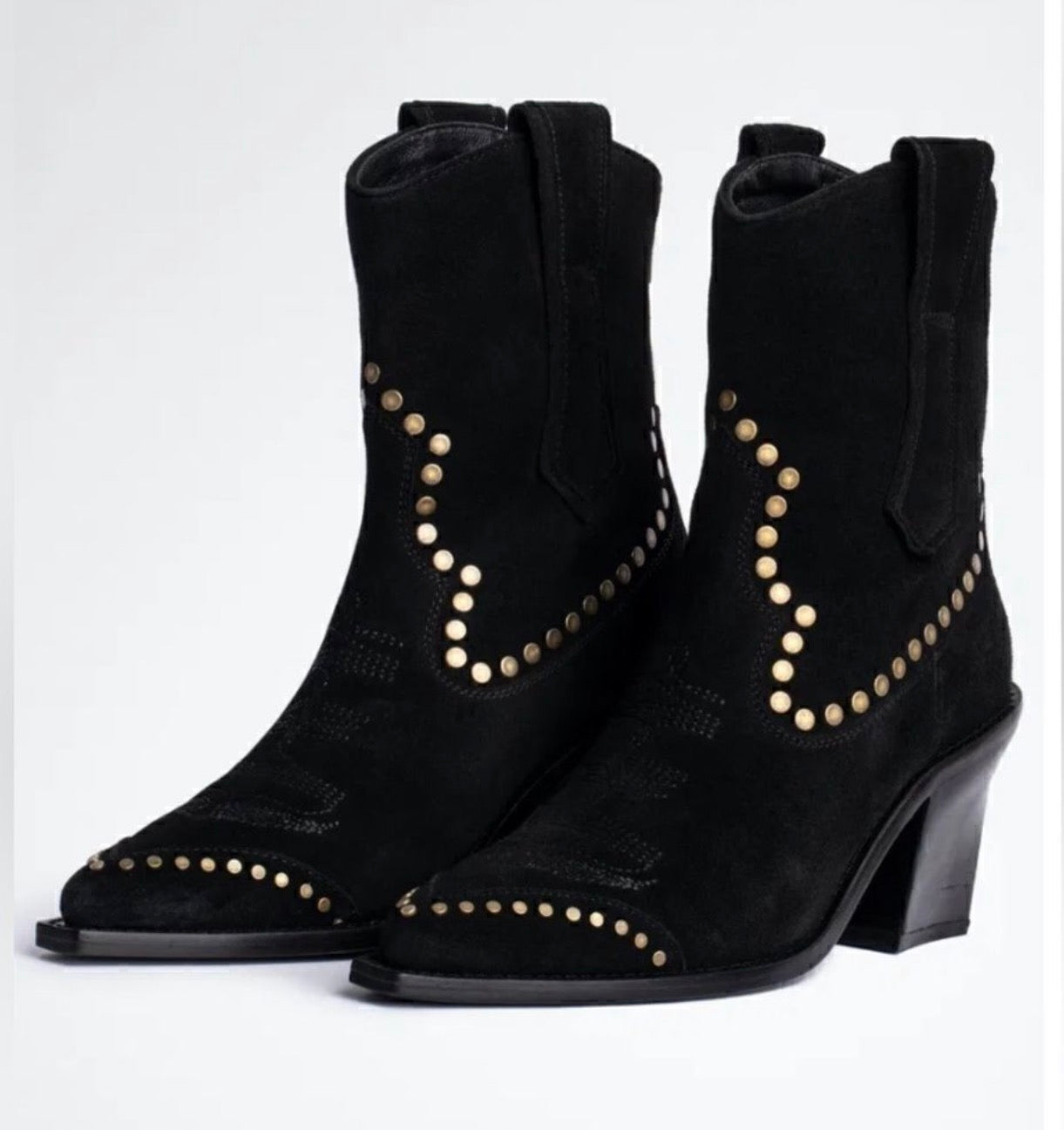 Zadig & Voltaire Cara Studded Suede Cowboy Boots Black 
Size: EU 40 / US 9
