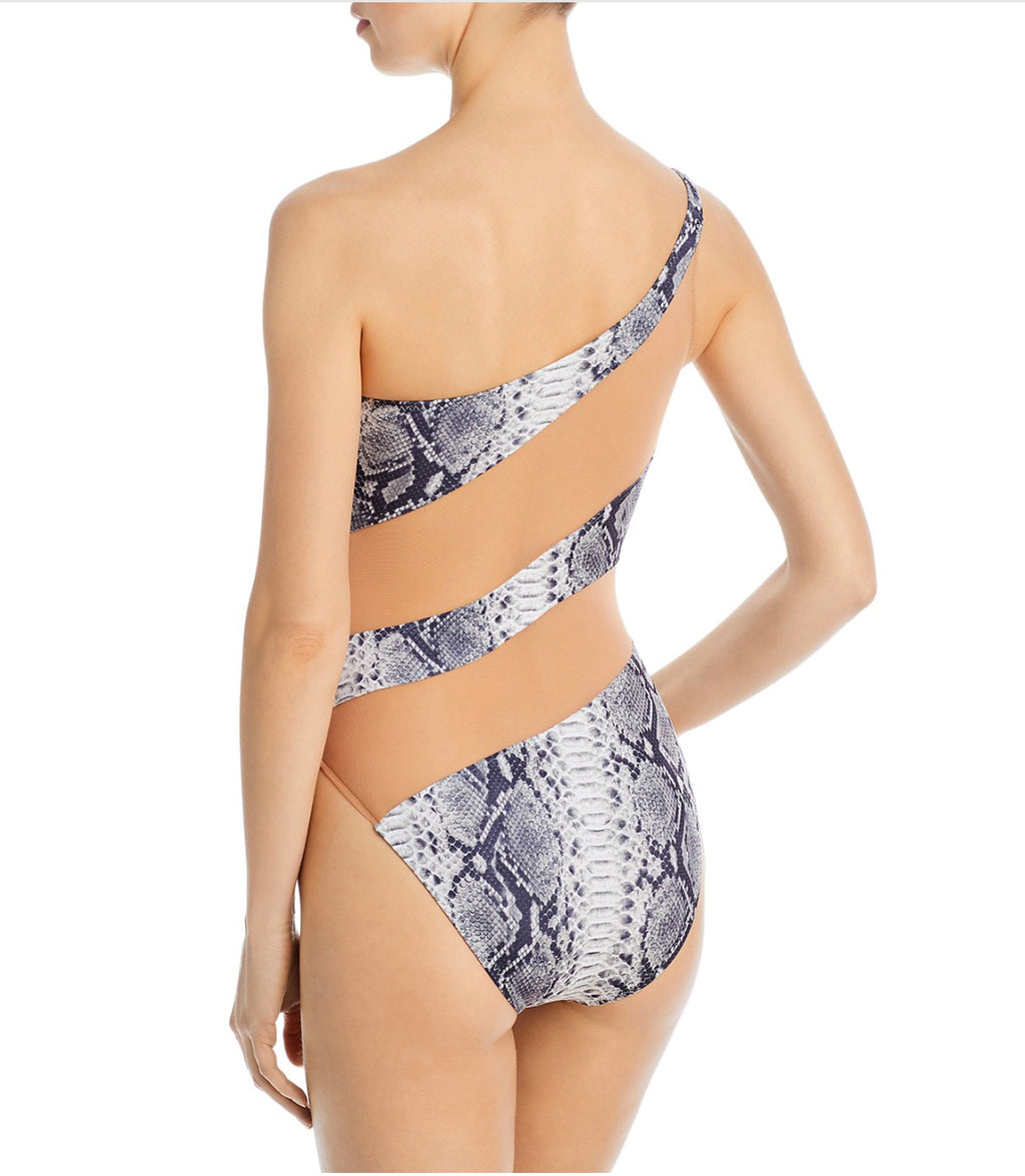 Norma Kamali Mesh Python Print One Shoulder One-Piece Swimsuit XXS $265