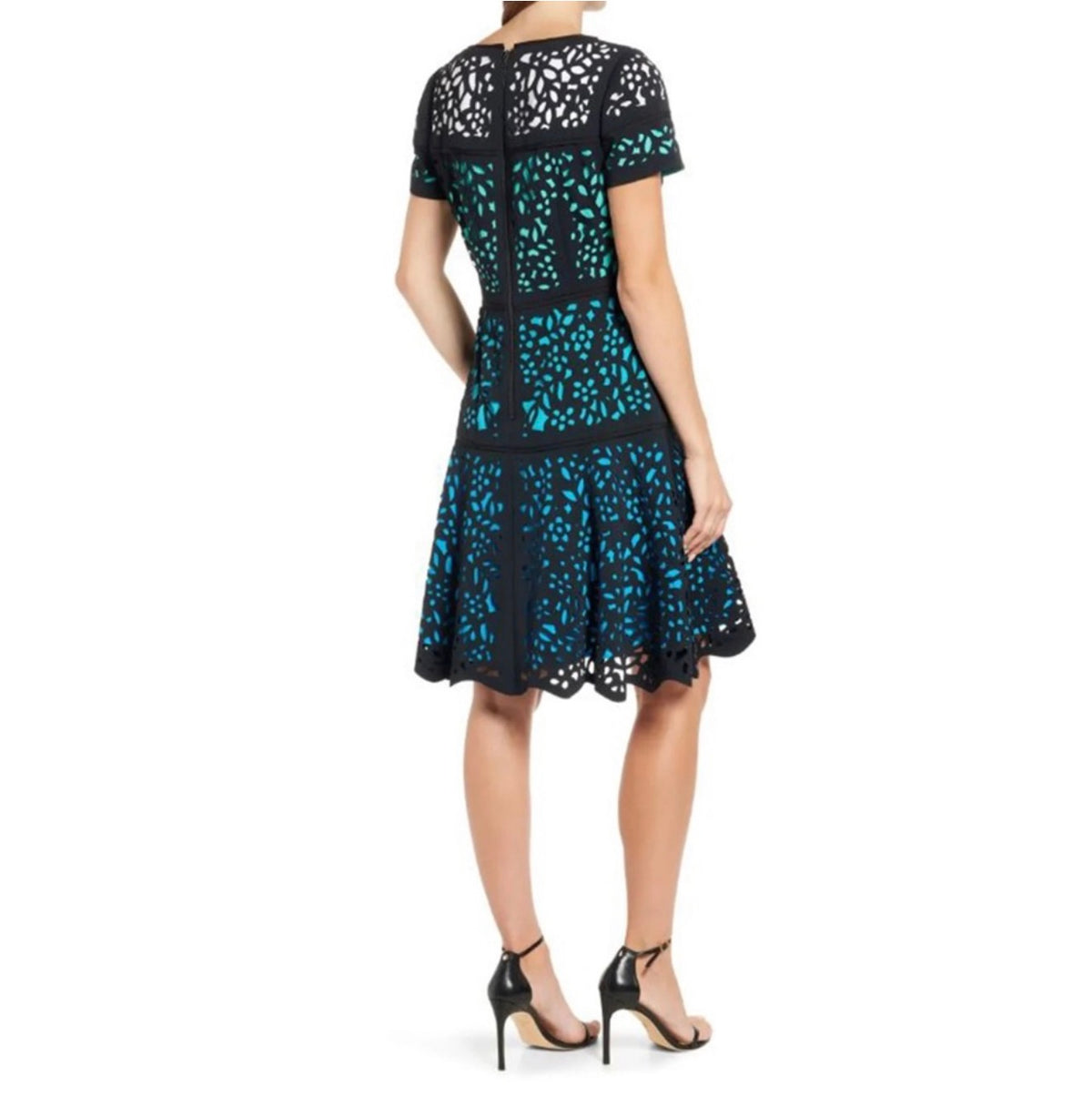 Shani Colorblock Laser Cut Fit & Flare in Teal US 4