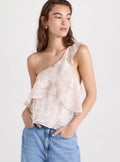 Ramy Brook Maureen One Shoulder Ruffle Top Ivory Tan Floral XS $275