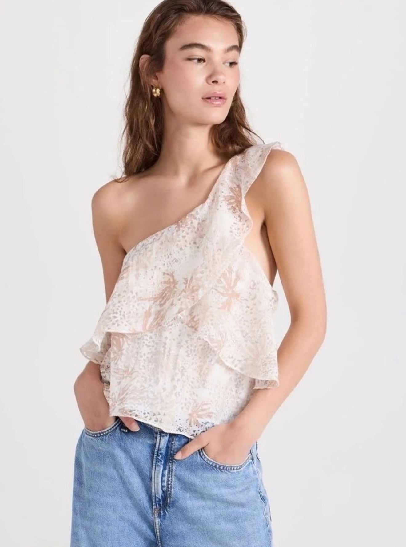Ramy Brook Maureen One Shoulder Ruffle Top Ivory Tan Floral XS $275