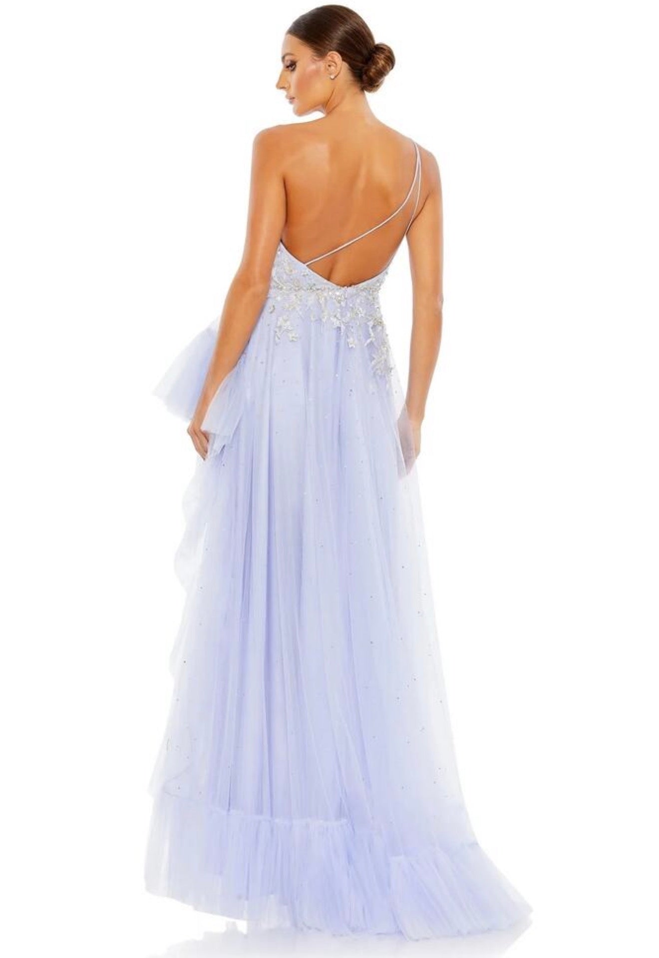 Mac Duggal 11265 Periwinkle One Shoulder Embellished Hi Low Gown Size 8  $798