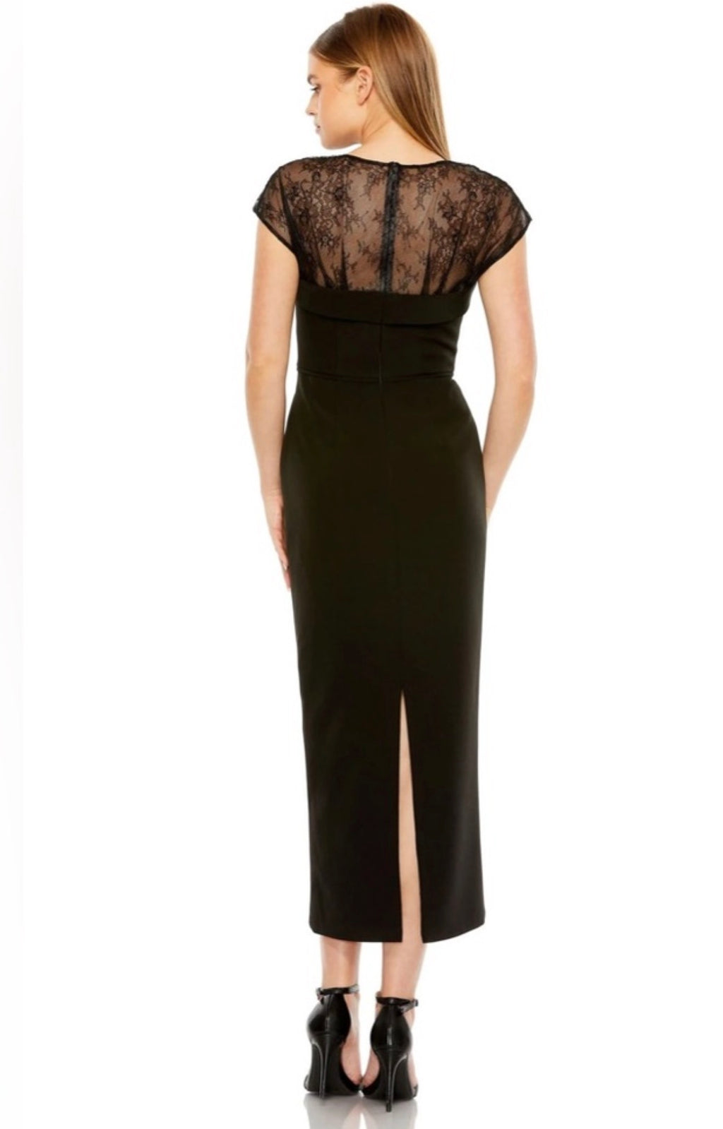 Mac Duggal 49799 Black Sheer Lace Illusion Crepe Midi Dress Sz 4 $398