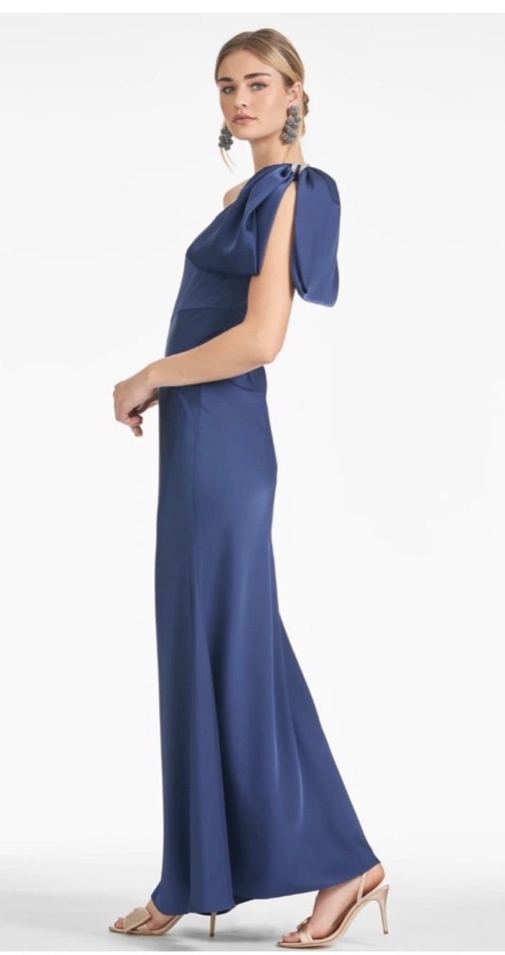 Sachin + Babi Aubrey Satin One-Shoulder Gown in Washed Indigo Size 6 $795