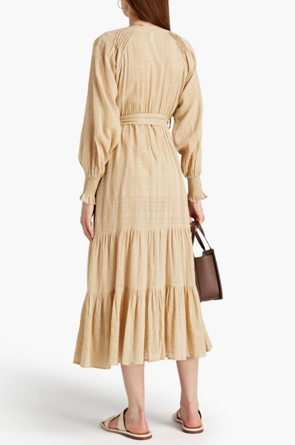 Tigerlily Emine Gathered Cotton Gauze Midi Dress Sand Beige Size 8