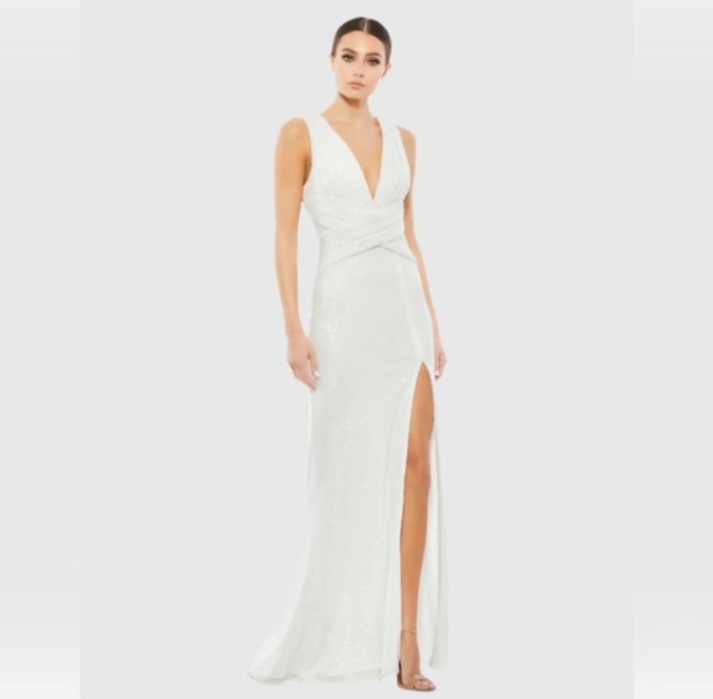 Mac Duggal Ieena White Sequin Wrap Waist Gown Size 4 26598