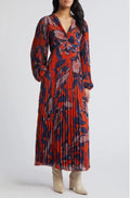 Chelsea28 Floral Print Pleated Long Sleeve Dress Sz XS $149 Rust/ Blue Floral