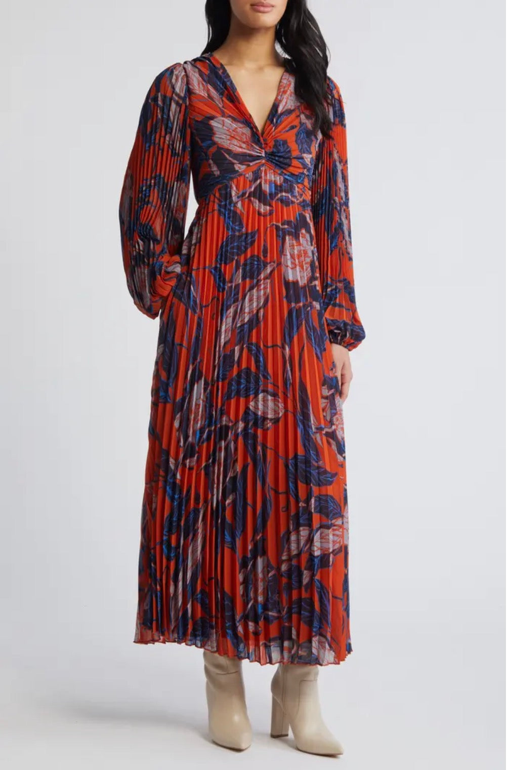 Chelsea28 Floral Print Pleated Long Sleeve Dress Sz XS $149 Rust/ Blue Floral