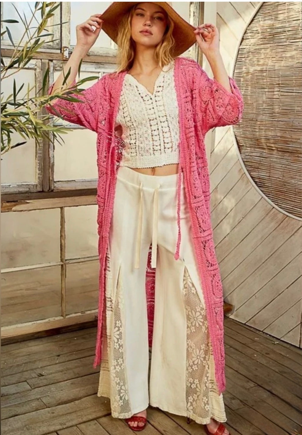 POL Bubblegum Pink Crochet Duster Cardigan Boho One Size $128