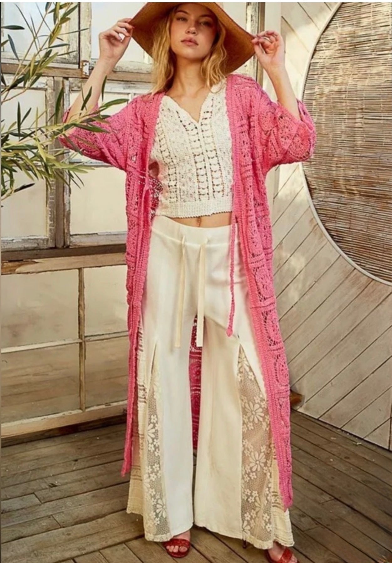POL Bubblegum Pink Crochet Duster Cardigan Boho One Size $128