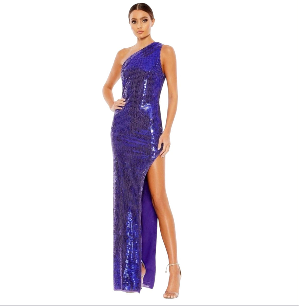 Mac Duggal 10905 Violet Sequined One Shoulder Asymmetrical Hem Gown Size 4