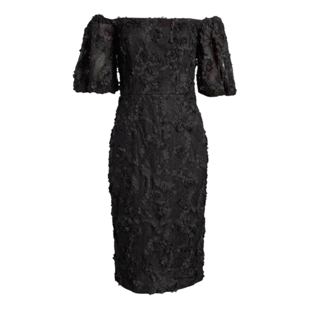Xscape Black Off-Shoulder 3D Floral Lace Sheath Cocktail Dress Size 2