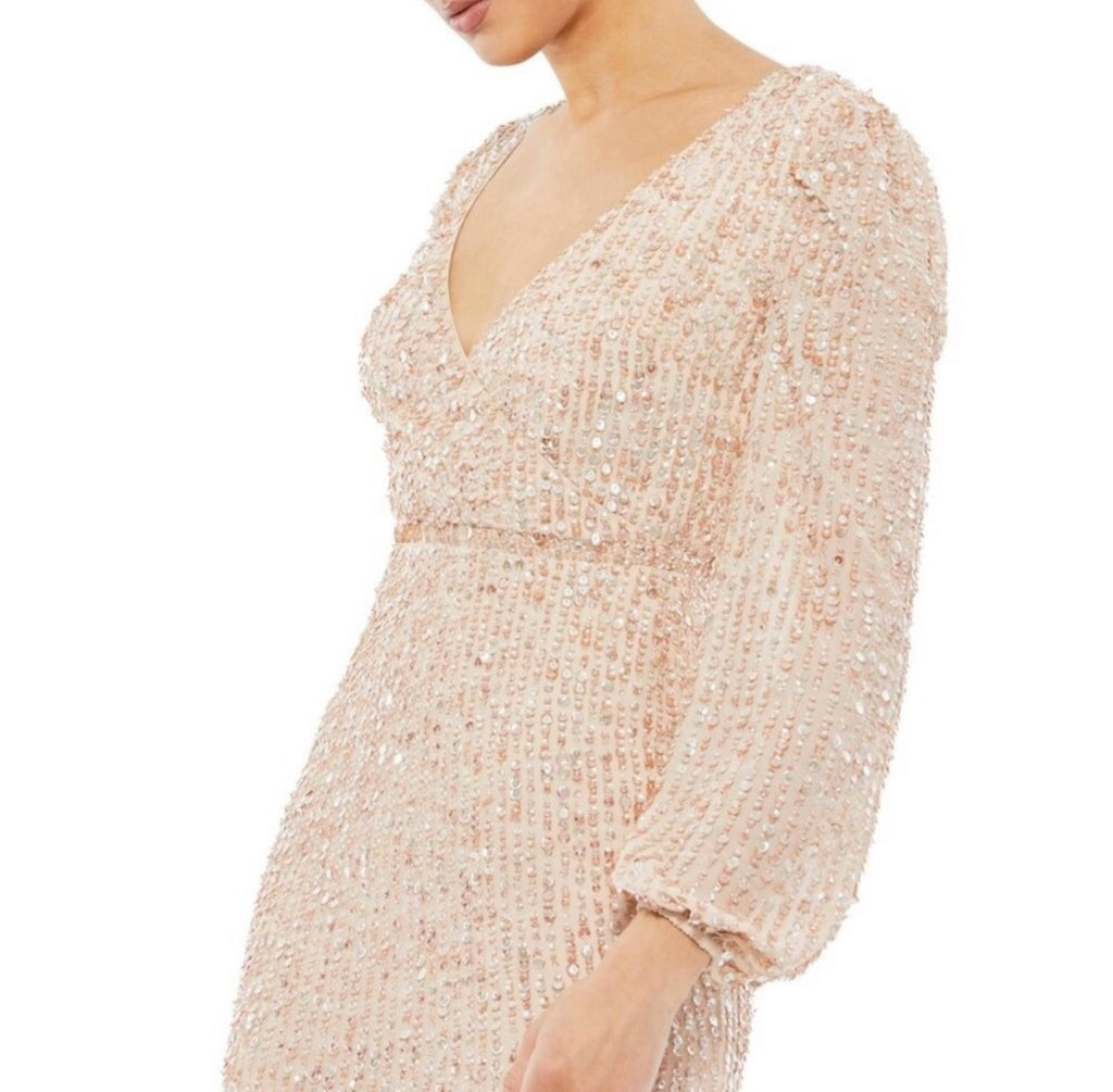 Mac Duggal Sequin Long Puff Sleeve Cocktail Midi Nude Sz 10 #7988 $498