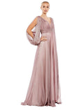 Mac Duggal Chiffon Open Sleeve A-Line Gown Mocha Pink Beaded Cuff $598