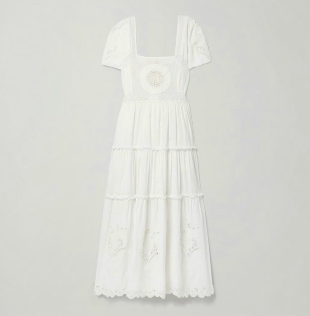 LoveShackFancy Prairie Midi Dress in True White Sz 0