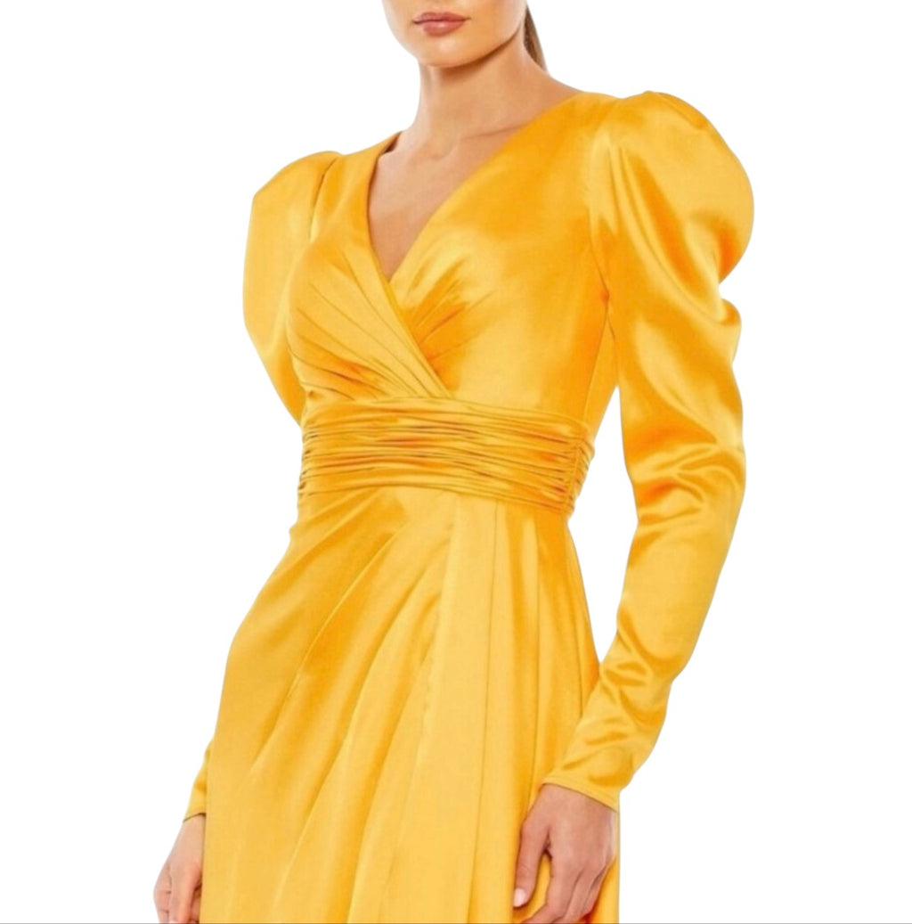 Mac Duggal 12404 V Neckline Long Puff Sleeves Maxi Column Gown Mango