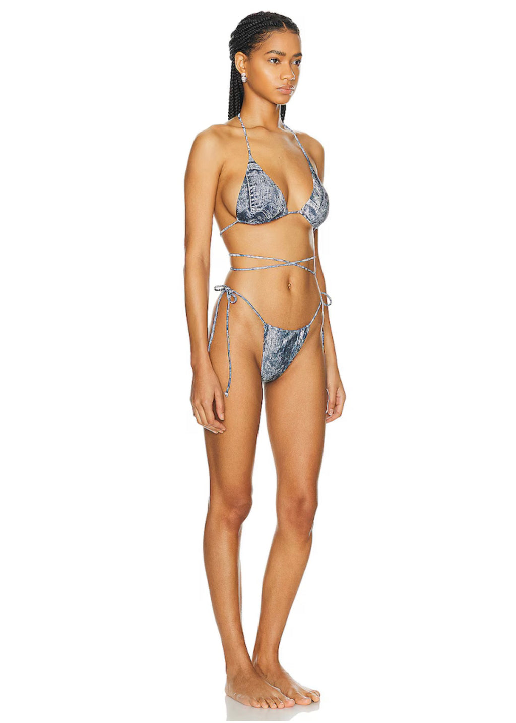 Norma Kamali CRISS CROSS BIKINI BRA/ BOTTOM set Black / Navy Denim Print Sz XS $180