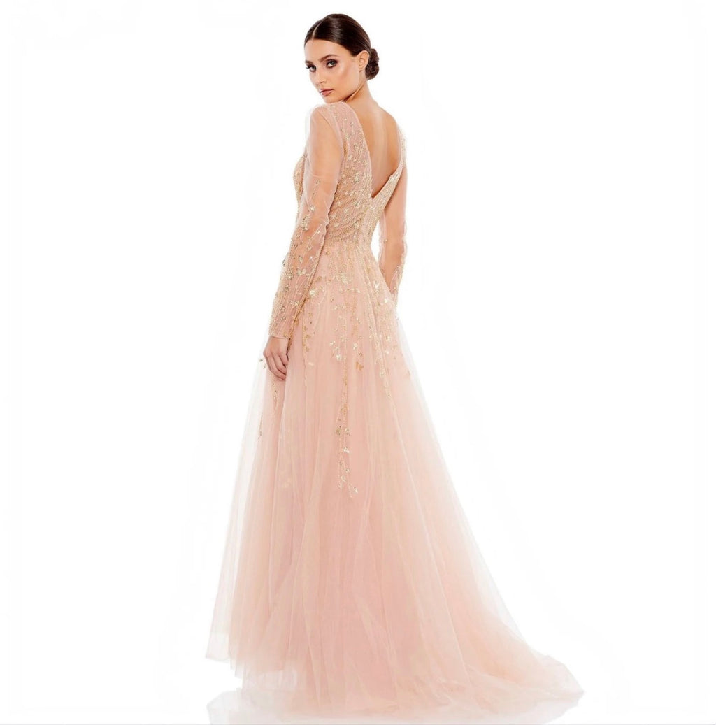 MAC DUGGAL 20295 Pink Champagne Beaded Long Sleeve Gown Size 14