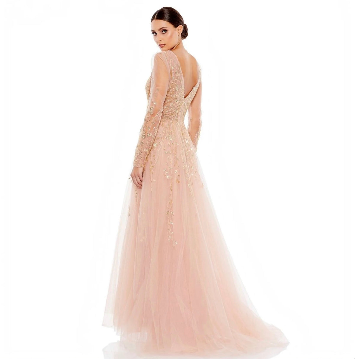MAC DUGGAL 20295 Pink Champagne Beaded Long Sleeve Gown Size 14