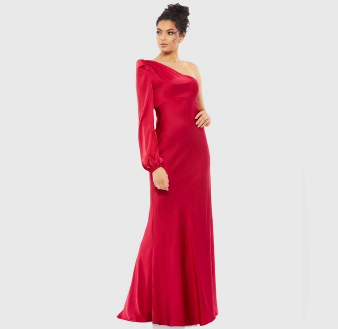 IEENA FOR MAC DUGGAL 55401
One Shoulder Blouson Sleeve Gown in Ruby $358