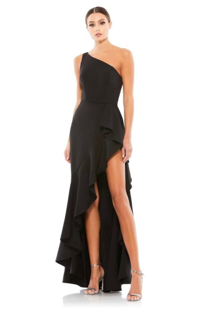 IEENA for Mac Duggal One Shoulder High Slit Ruffle Gown Dress Black 49089 Size 6 $358