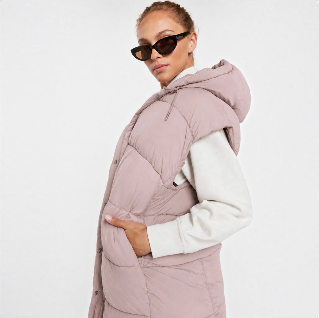 Zella Longline Hooded Puffer Vest Pink Dusty Rose Size Large
