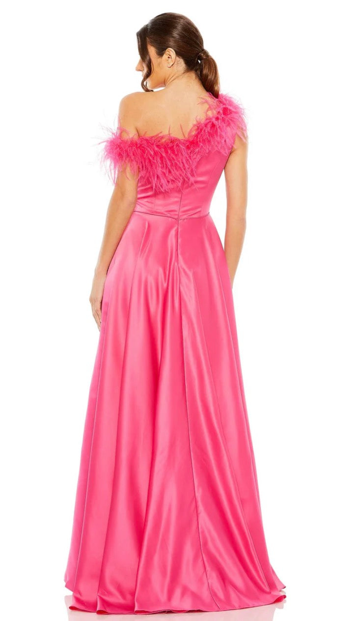 Mac Duggal Satin Feather Trim One Shoulder A-Line Gown Hot Pink 11684 $598