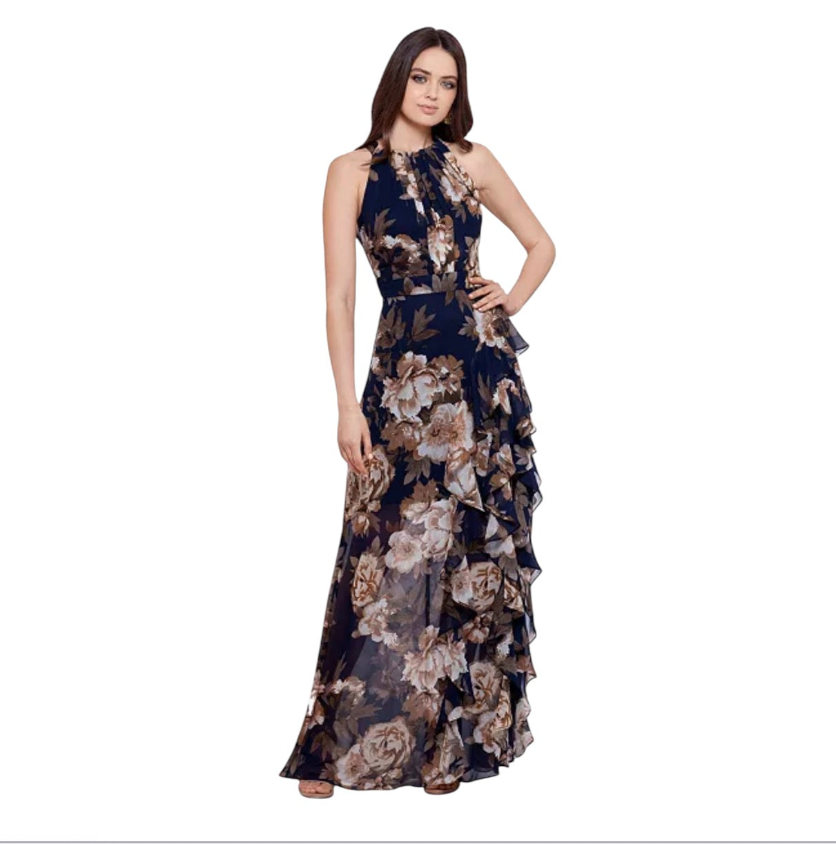 B&A by Betsy & Adam Petite Floral Chiffon Ruffle Gown Size 4P