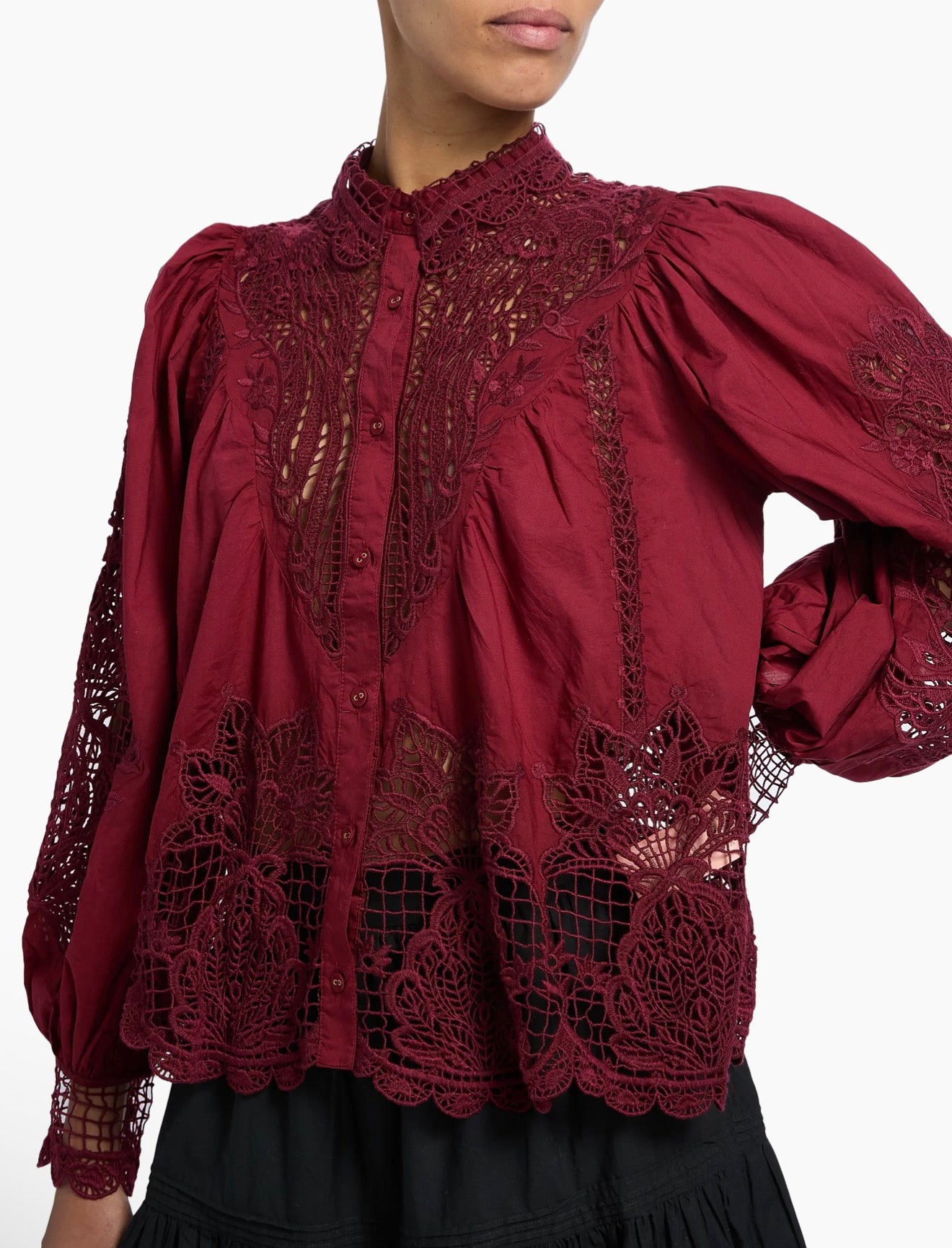 FARM Rio Guipure Lace Cotton
Button-Up Shirt in Burgundy size Large $330