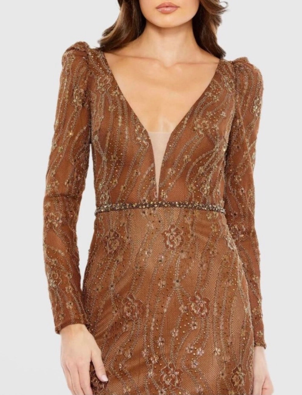 Mac Duggal 11159
Embellished Long Sleeve Plunge
Trumpet Gown in Bronze sz 2 $798