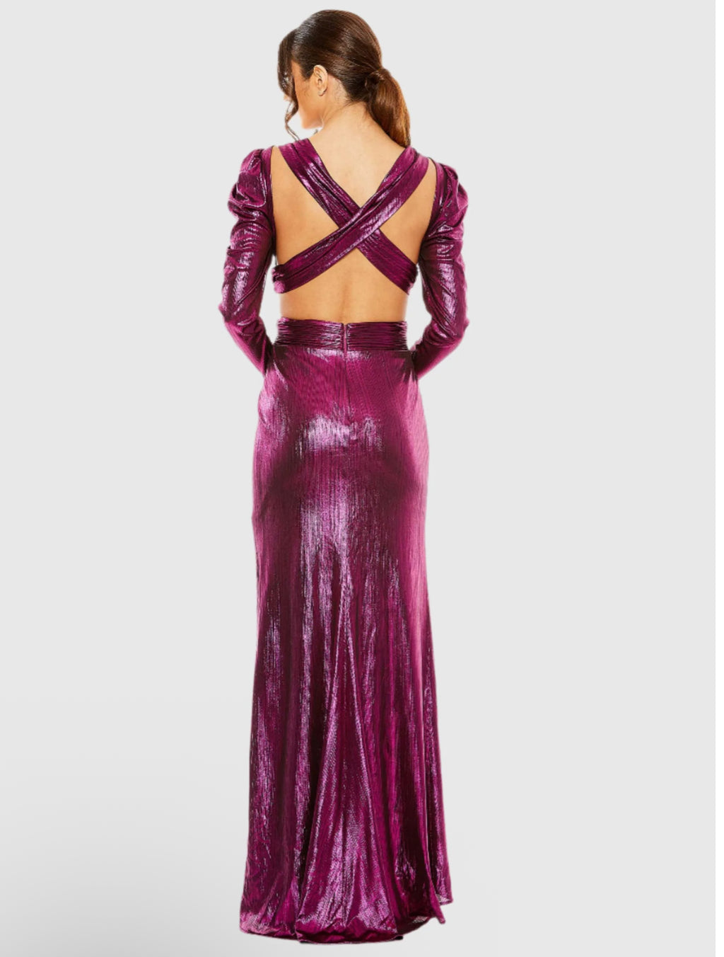 Mac Duggal Princess Sleeve Cut Out Metallic Gown Fuchsia $498 27060