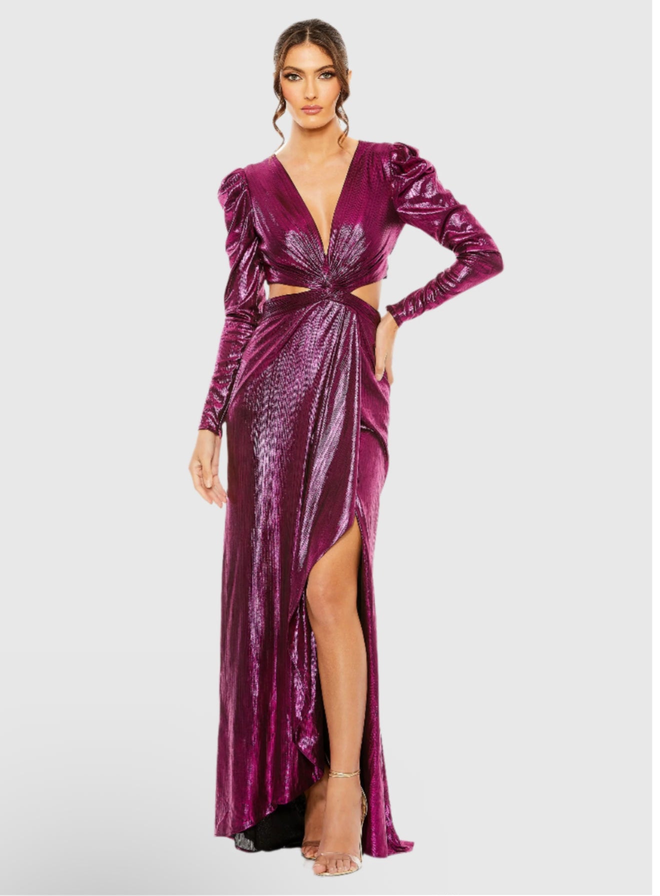 Mac Duggal Princess Sleeve Cut Out Metallic Gown Fuchsia $498 27060