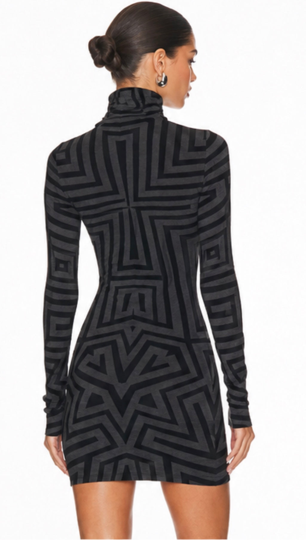 Gareth Pugh Geometric Mock Neck Bodycon Dress Grey Black Long Sleeve Italian 38 $365