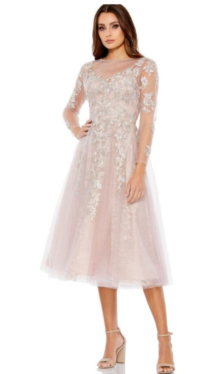 Mac Duggal 30681 Sheer Neckline Illusion Sleeve Dress Vintage Lilac Sz 4 $598