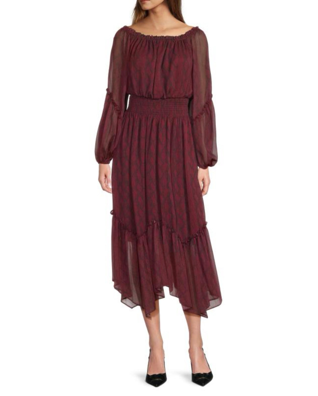 RAMY BROOK
Exclusive Printed Danna Smocked-Waist Chiffon Midi-Dress Sz Small $595 Wine and Black Print