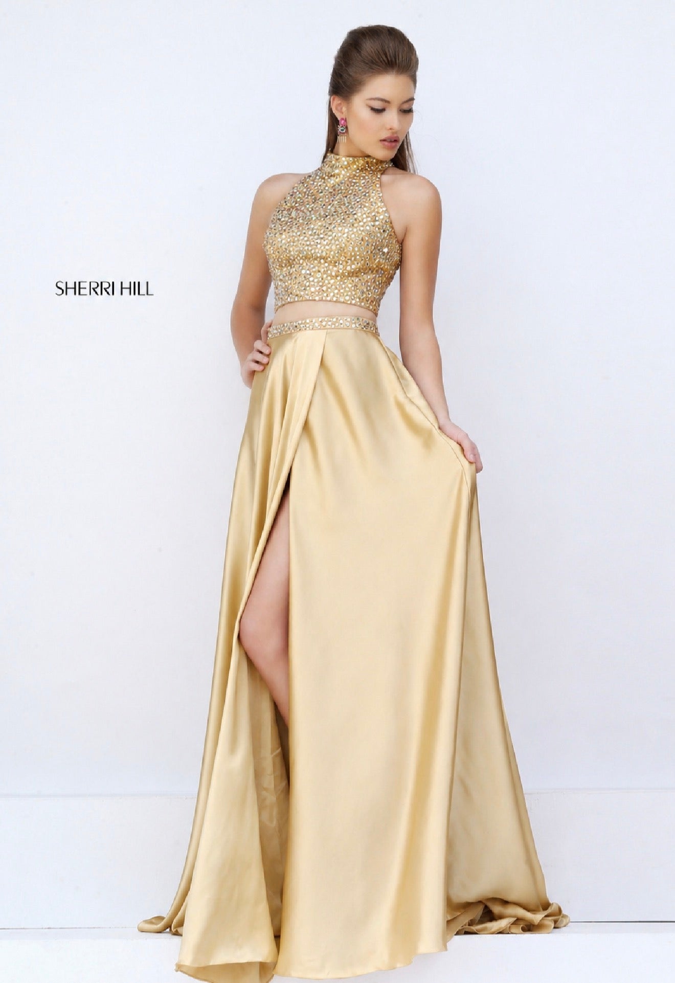 Sherri Hill 11330 Gold Two Piece Beaded Halter High Slit Gown Size
8 $498