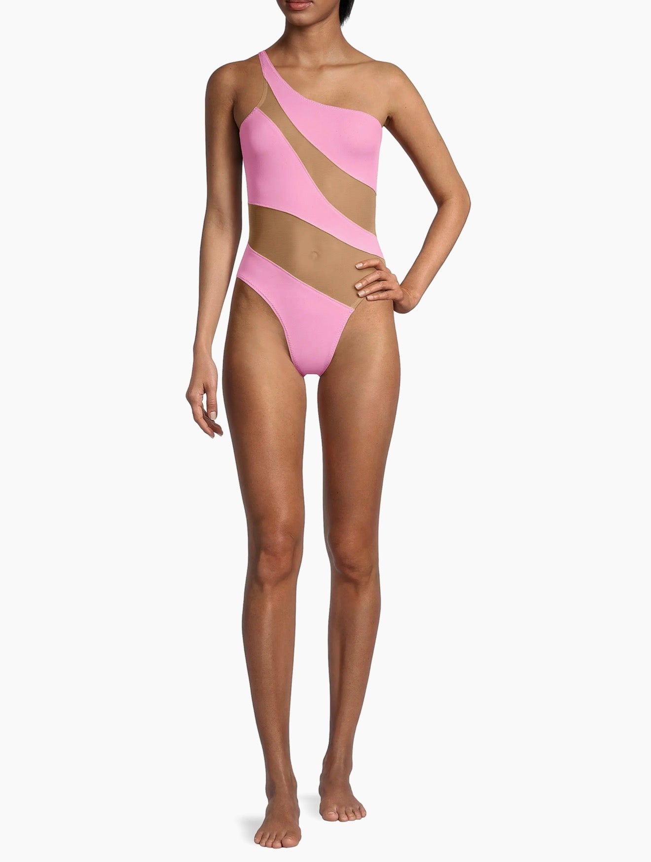 Norma Kamali Mio Mesh Cut-Out One Shoulder Swimsuit Candy Pink XS NWT
$265