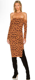 L'AGENCE Felicia Off-the-Shoulder Knit-Dress in Brown & Black Leopard Sz Small $350