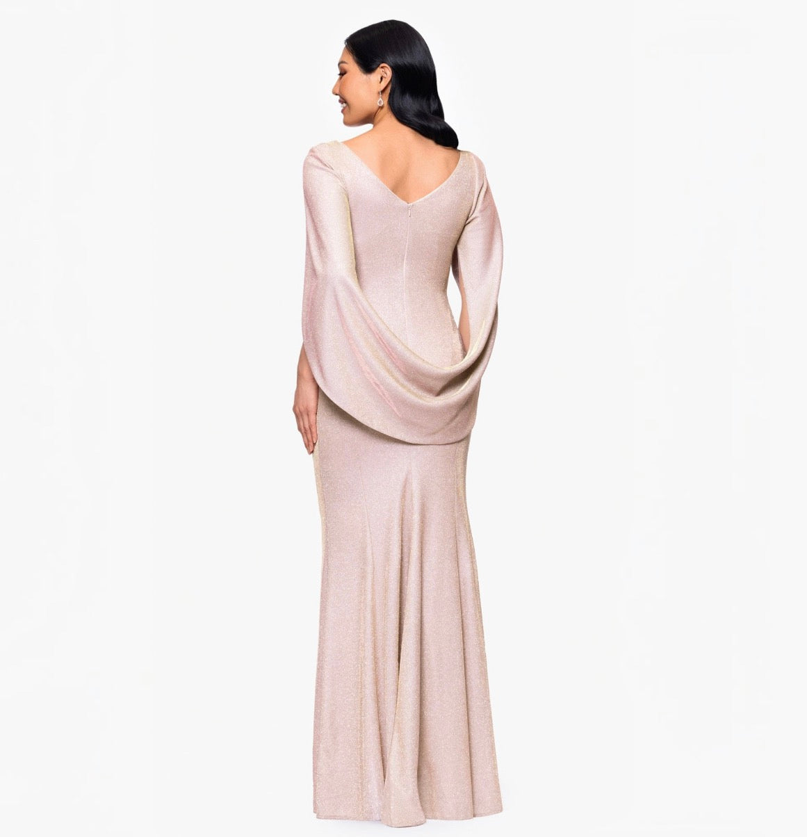 Betsy & Adam Gracie Metallic Glitter Draped Gown White Pink Gold Size 4P