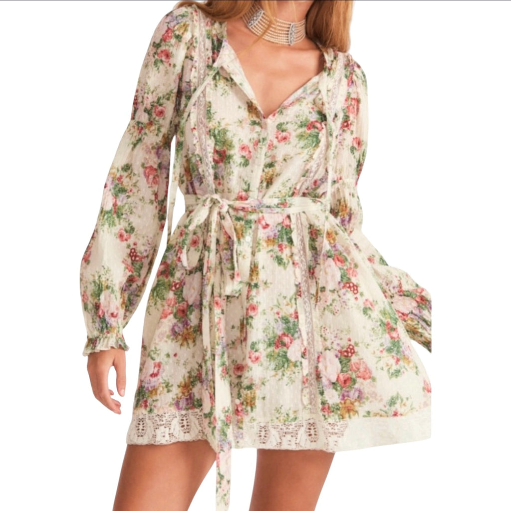 LoveShackFancy Fria Shining Gemstone Floral Lace-Trim Mini
Dress Cream Small