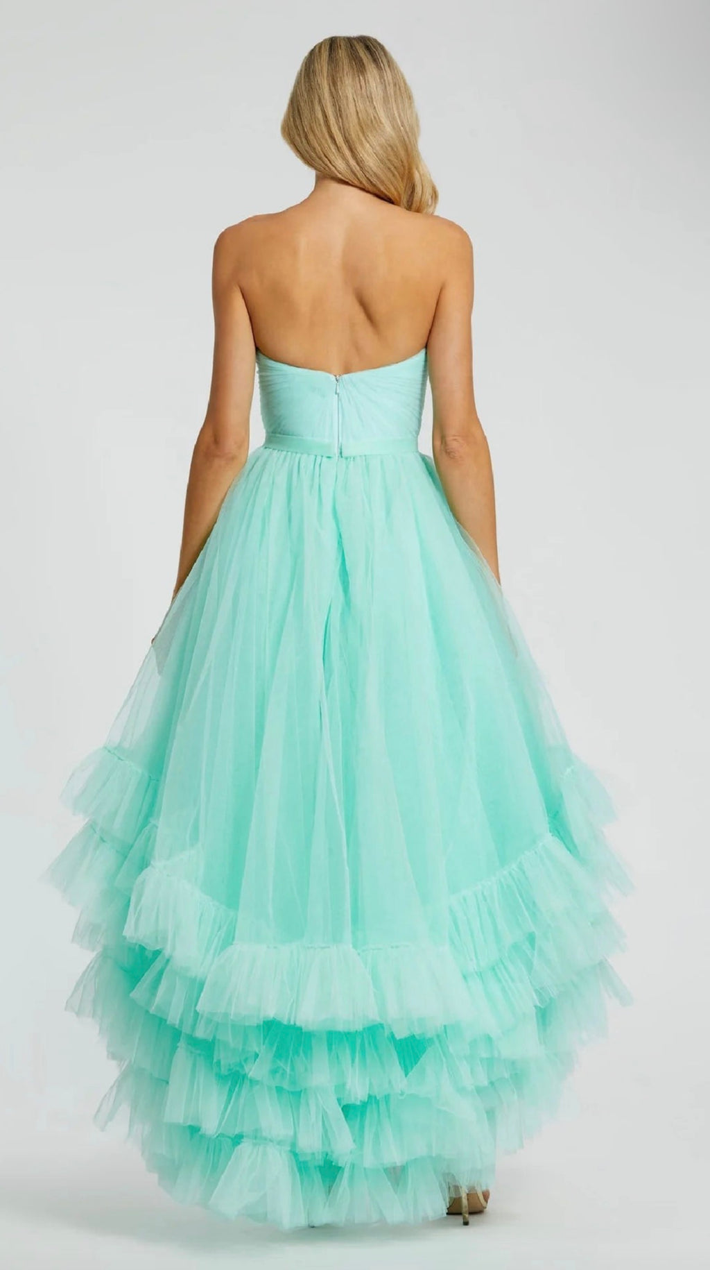 Mac Duggal Strapless Tiered Tulle High Low Gown Aqua Size 10 $598