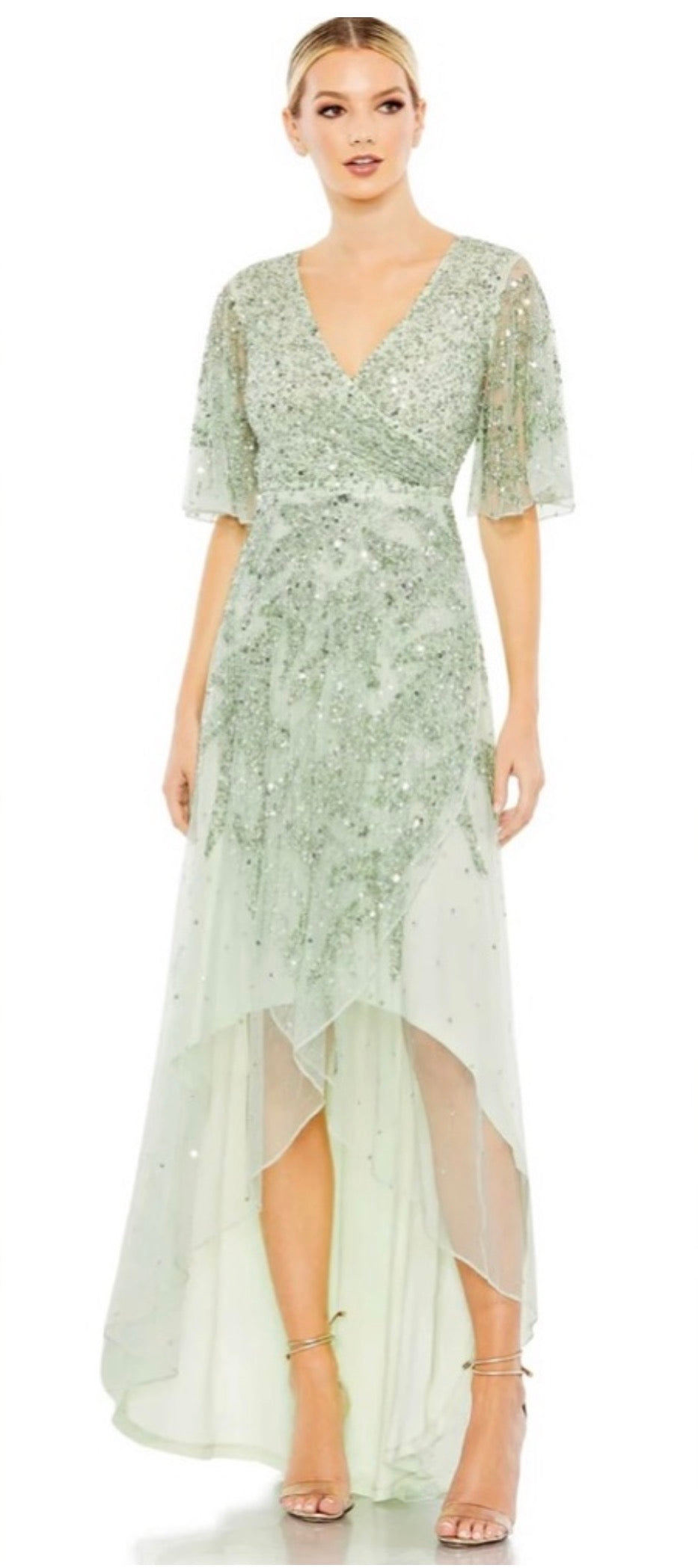 Mac Duggal Sage Green Sequined Butterfly Sleeve High Low Gown
Size 12 93681 $498
