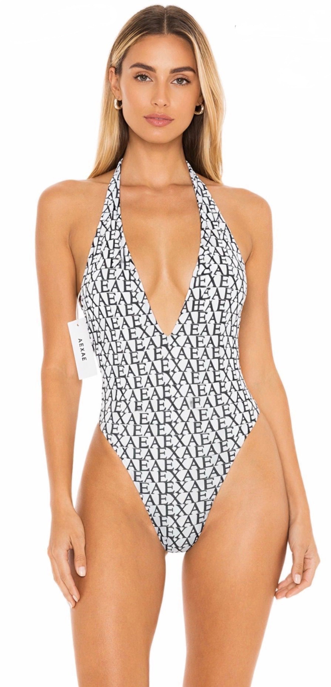 AEXAE Monogram Tie-Neck One-Piece Swimsuit Size Large $160