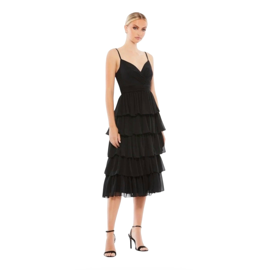 MAC DUGGAL 55437 Ruffle Layered V-Neck Midi Dress in Black