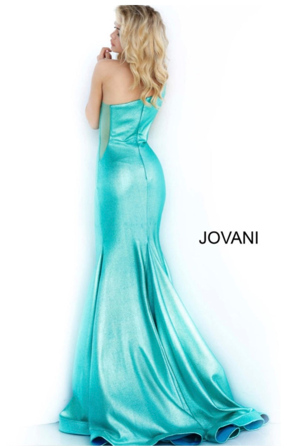 Jovani 02136 Metallic Fitted One Shoulder Prom Dress Aqua Green Sz 00