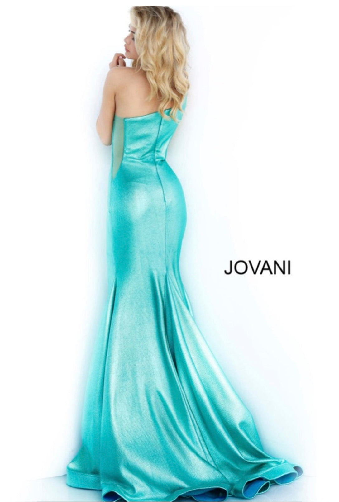 Jovani 02136 Metallic Fitted One Shoulder Prom Dress Aqua Green Sz 00