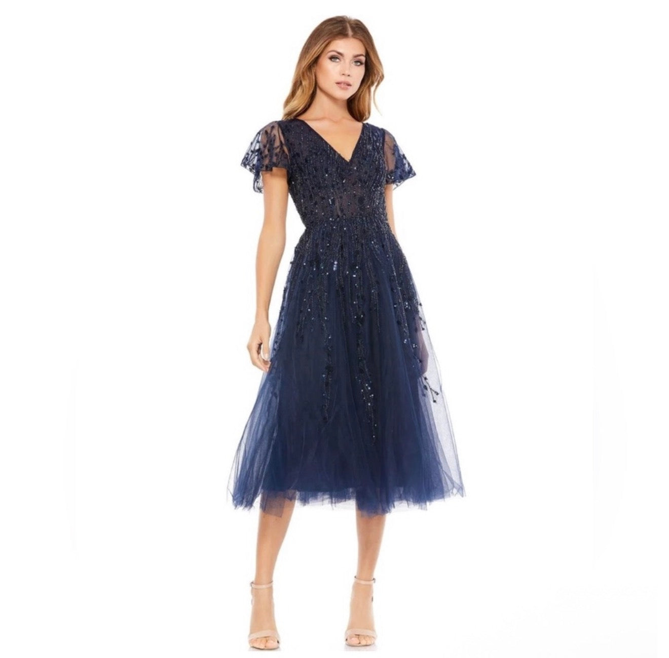 Mac Duggal 20304
Embellished Flutter
Sleeve Tea Length Dress Midnight
Sz 14