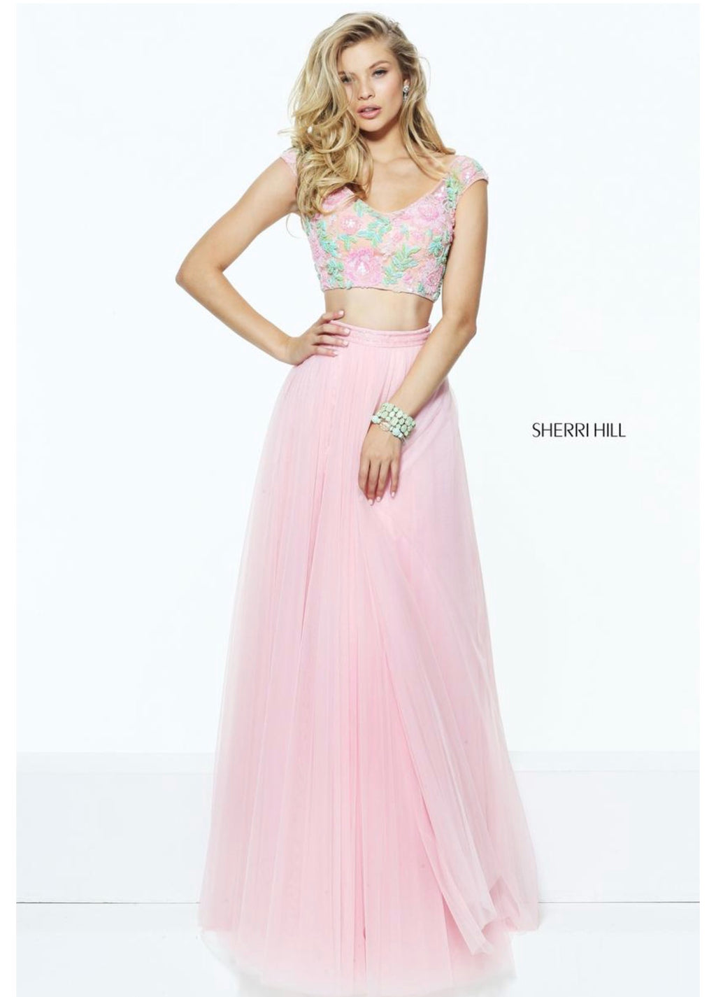 Sherri Hill 50932 Pink Floral Beaded Two Piece Gown NWT Size 0 $598