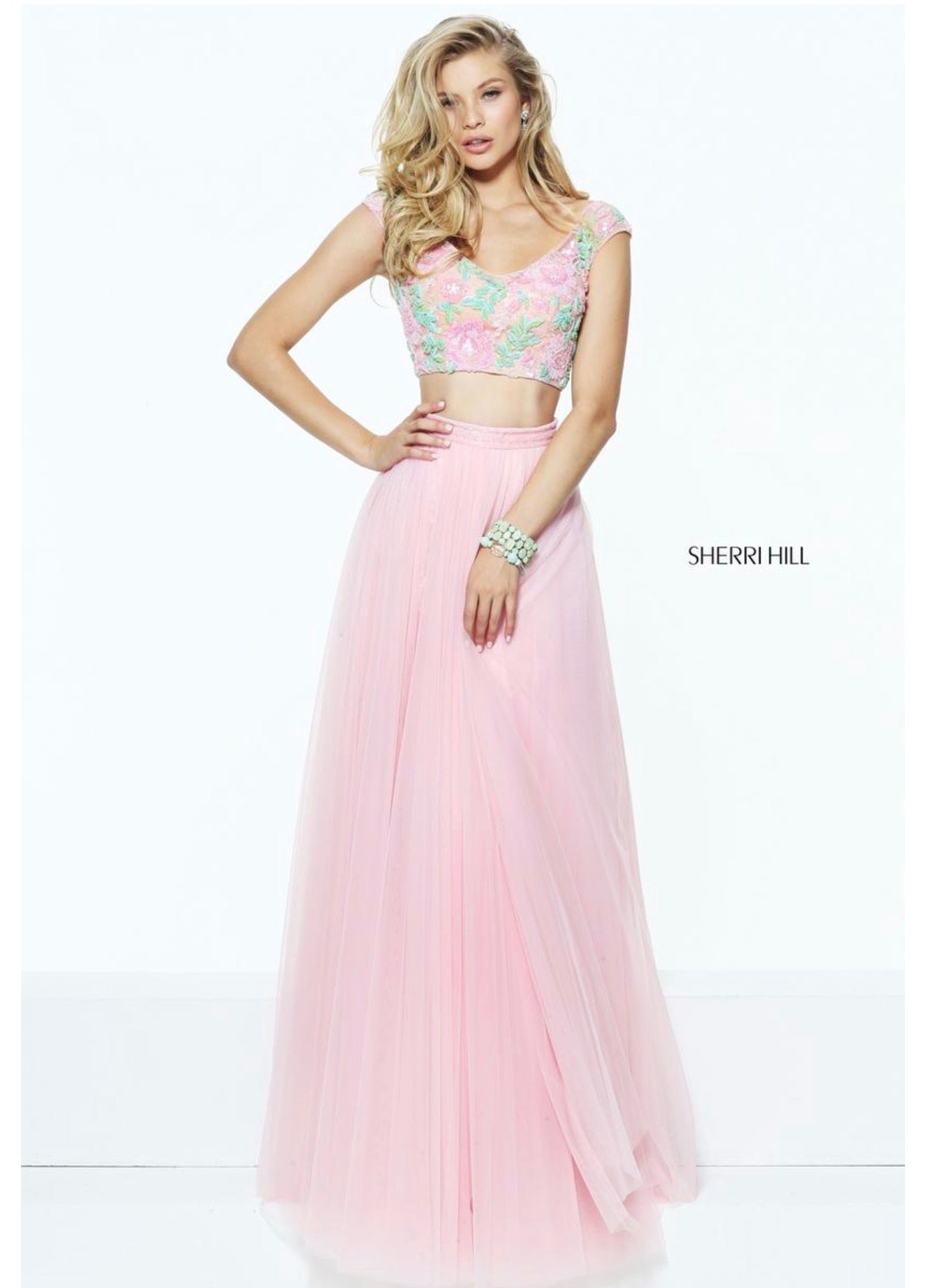 Sherri Hill 50932 Pink Floral Beaded Two Piece Gown NWT Size 0 $598