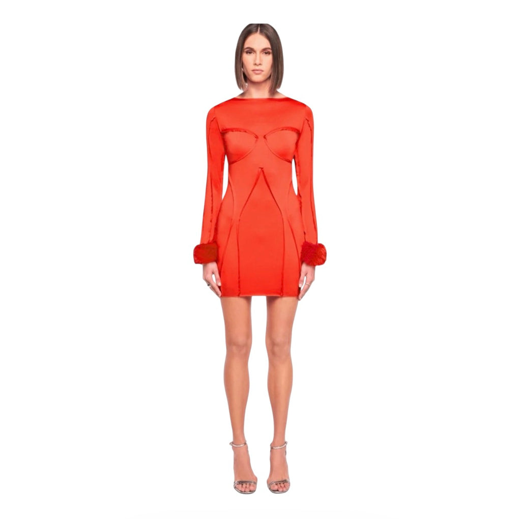OW Collection CIARA Mini Dress in Red Removable Fur Cuffs
Sz Large